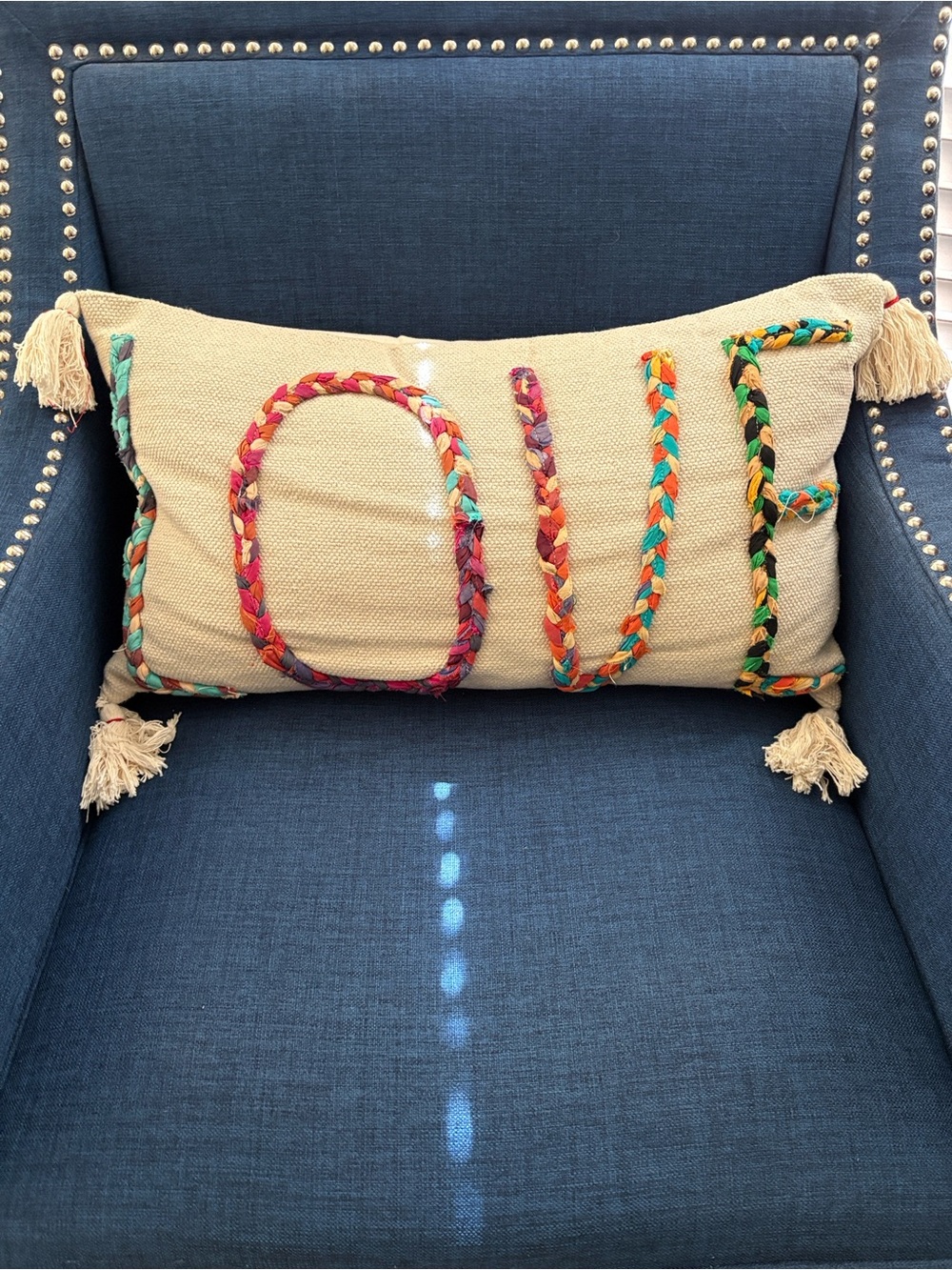 NWT Neutral Canvas Throw Pillow with Braided LOVE and Tassels